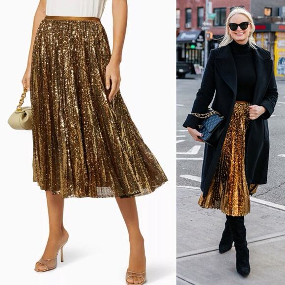 Polo Ralph Lauren Gold Sequin Midi Skirt XXL Pleated Gold Flare Mid Rise $595 - Picture 1 of 16